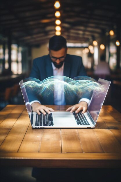 Foto dupla exposição de homem de negócios mão trabalhando em tela em branco computador portátil em mesa de madeira como