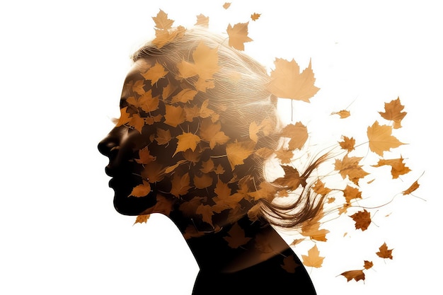 Dupla exposição de linda garota e folhas de outono coloridas