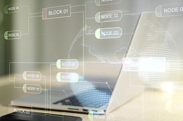 Dupla exposição de linguagem de programação abstrata com mapa-múndi no conceito de pesquisa e desenvolvimento de fundo de laptop