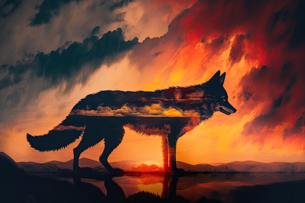 Dupla exposição de lobo e nascer do sol com céu laranja ardente e nuvens criadas com generative ai