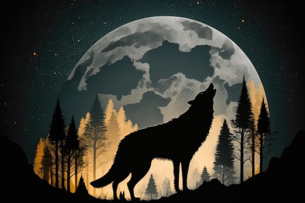 Dupla exposição de lobo uivando na lua cheia na floresta criada com IA generativa