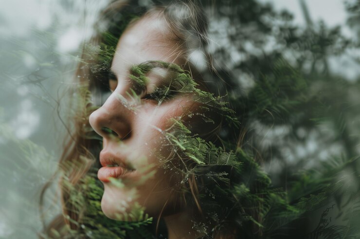 Foto dupla exposição de mulher e vegetação exuberante
