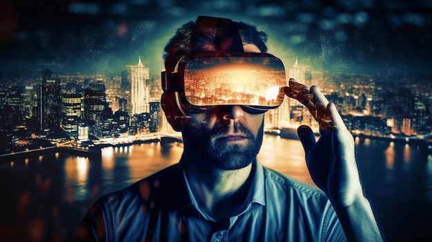 Dupla exposição de um homem usando óculos de realidade virtual e uma cidade noturna Generative AI