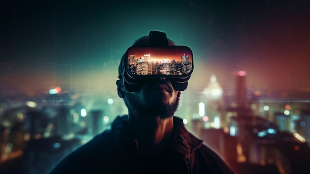 Dupla exposição de um homem usando óculos de realidade virtual e uma cidade noturna Generative AI