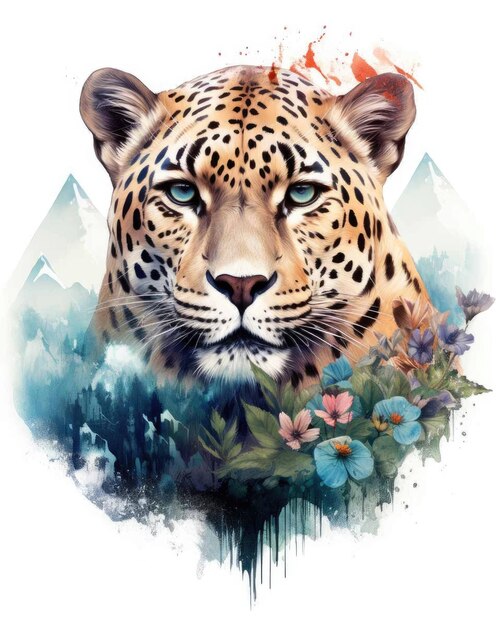 Dupla exposição de um Jaguar e paisagem natural de montanha