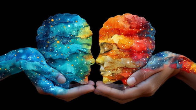 Dupla exposição do cérebro humano e estrelas coloridas em fundo preto Conceito de pensamento criativo