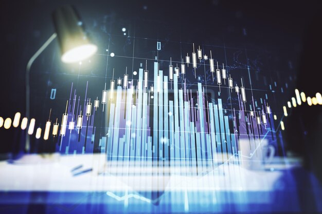 Dupla exposição do gráfico financeiro criativo abstrato na pesquisa de fundo de laptop moderno e conceito de estratégia