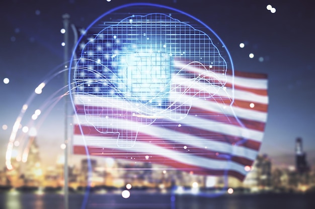 Dupla exposição do holograma criativo do microcircuito da cabeça humana na bandeira dos EUA e fundo do horizonte Tecnologia futura e conceito de IA
