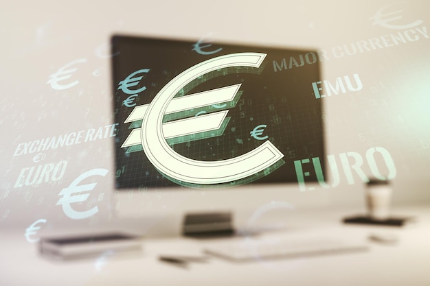 Dupla exposição do holograma de símbolos criativos do EURO USD no fundo do laptop Conceito bancário e de investimento