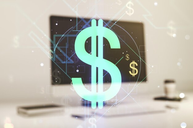 Dupla exposição do holograma de símbolos criativos do EURO USD no fundo do laptop Conceito bancário e de investimento