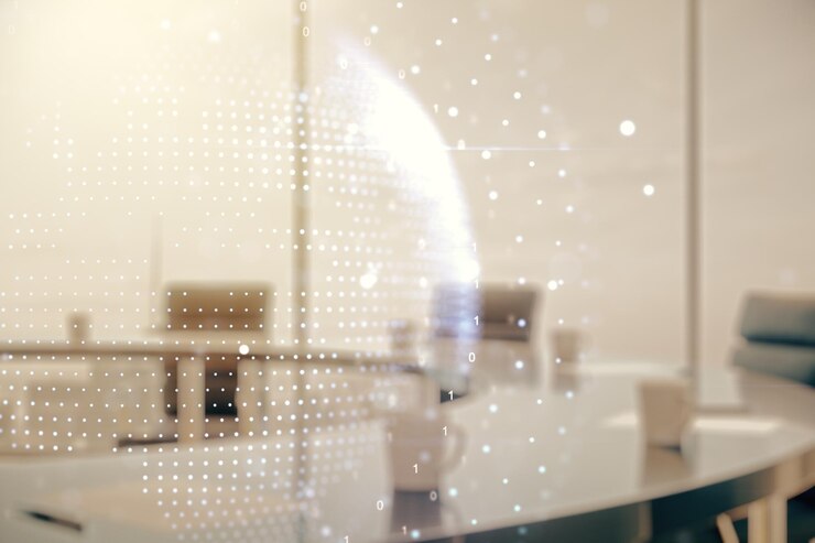 Foto dupla exposição do mapa-múndi digital abstrato em um conceito de estratégia e pesquisa de fundo de sala de reunião moderna