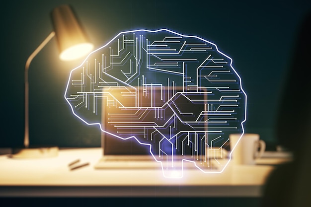 Dupla exposição do microcircuito criativo do cérebro humano com computador em segundo plano Tecnologia futura e conceito de IA