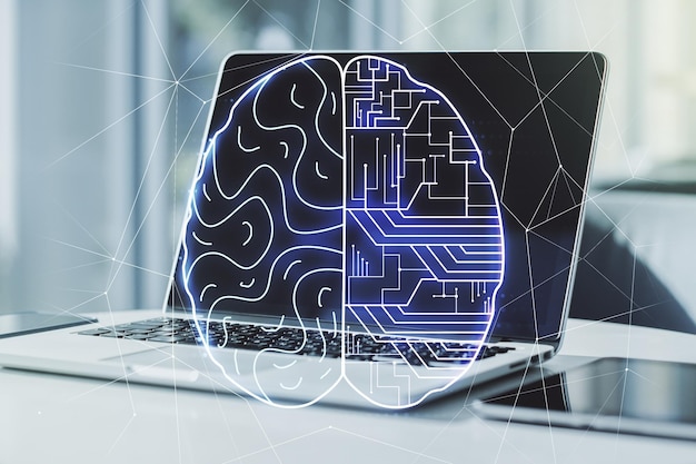 Dupla exposição do microcircuito criativo do cérebro humano com computador em segundo plano Tecnologia futura e conceito de IA