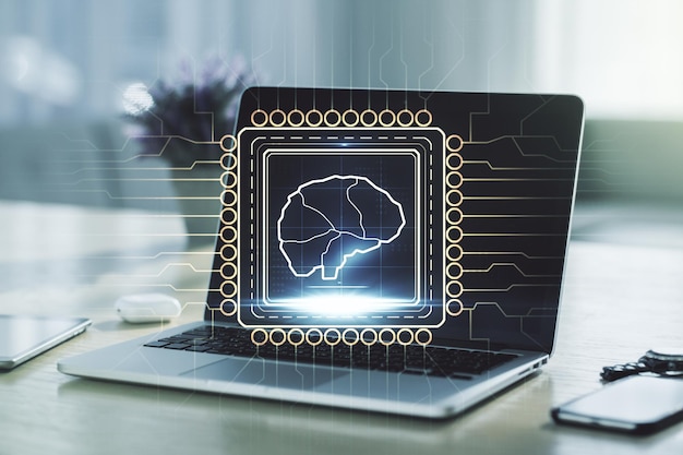 Dupla exposição do símbolo criativo de inteligência artificial com laptop moderno em redes neurais de fundo e conceito de aprendizado de máquina