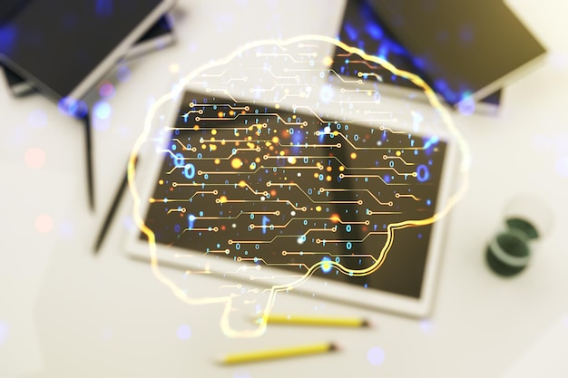 Dupla exposição do símbolo criativo de inteligência artificial e tablet digital na vista superior de fundo Redes neurais e conceito de aprendizado de máquina