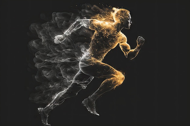 Dupla exposição em movimento de homem correndo contra fundo escuro