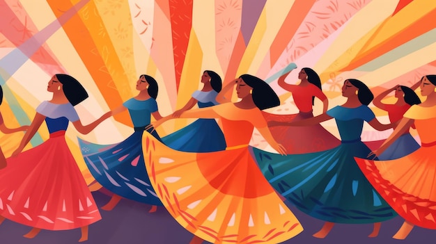 Durante a dança tradicional mexicana, as saias voam em padrões coloridos Ilustração Generative AI