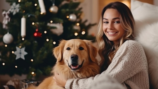 Durante as férias de inverno, uma jovem relaxa em casa com um cachorrinho perto da lareira, árvore de Natal e janelas com vista para uma paisagem de neve na sala de estar decoração Generative AI