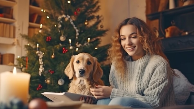 Durante as férias de inverno, uma jovem relaxa em casa com um cachorrinho perto da lareira, árvore de Natal e janelas com vista para uma paisagem de neve na sala de estar decoração Generative AI