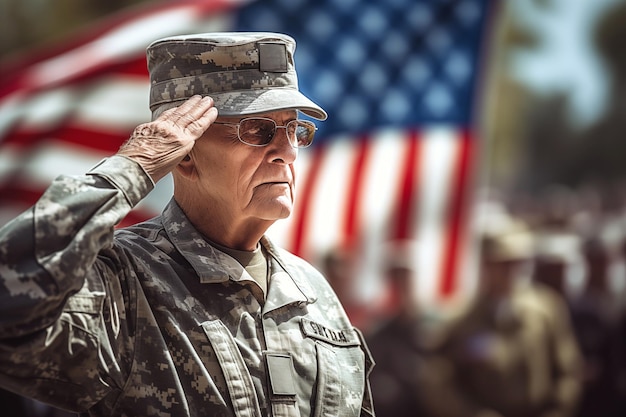 Foto durante o dia da memória, um veterano militar saluta a bandeira americana.