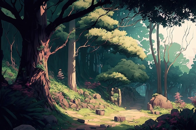 Durante o dia, uma floresta, um fundo de anime e uma ilustração