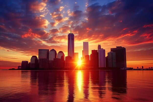 Durante o pôr-do-sol em Nova Iorque, o horizonte de Manhattan pode ser visto.
