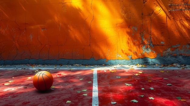 Durante um dia ensolarado ao ar livre, a sombra de um anel de basquete e um escudo em um campo de borracha de basquetebol.