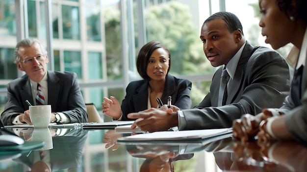 Durante uma reunião de negócios, um grupo diversificado de profissionais escuta atentamente seu colega afro-americano enquanto ele apresenta apaixonadamente h