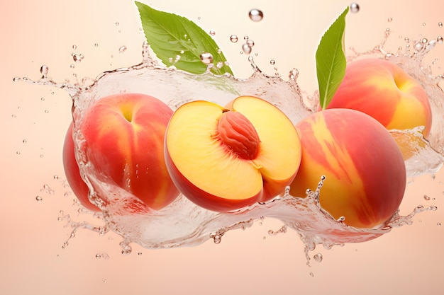 durazno frutas frescas salpicaduras de agua