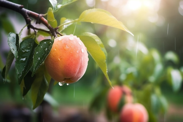 Duraznos frescos con gotas de lluvia de agua Fruta natural que crece en un árbol en el verano Peach Garden