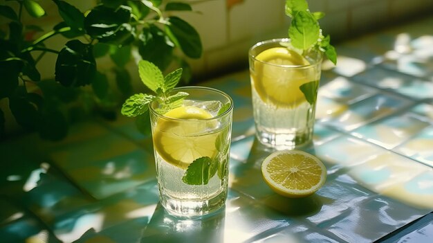 Durch die Wiederherstellung von Sommergetränken in Perlmuttgläsern mit grüner Farbe werden gelbe Kachelgrundierungen mit kaltblütigen Schatten beseitigt. Kreativressource AI Generated