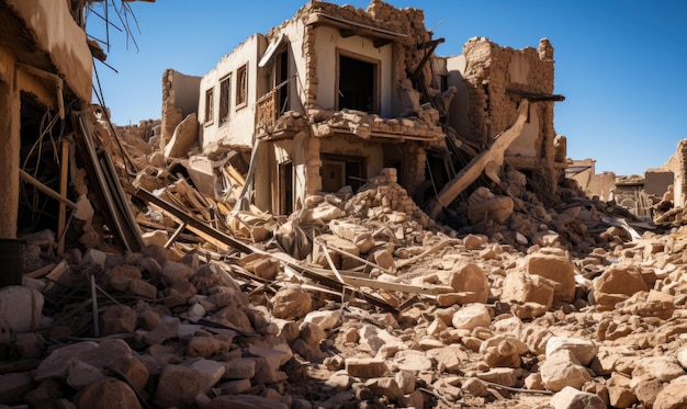 Foto durch ein erdbeben zerstörte stadt. zerstörte gebäude, häuser, die durch ein erdbeben eingestürzt sind. katastrophengebiet. notstand und erdbebenopfer in der türkei, marokko, pakistan, iran, syrien