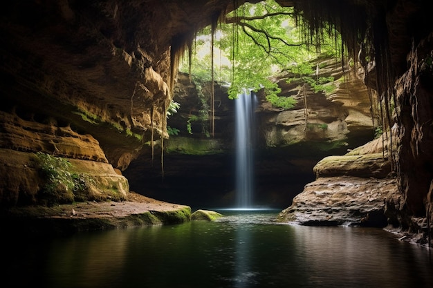 Durch eine Höhle mitten im Wald ist ein Wasserfall sichtbar.