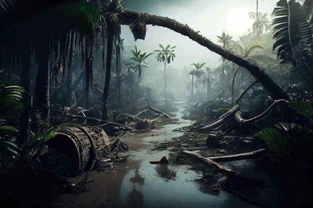 Foto durch hurrikan und regen zerstörter tropenwald, der mit generativer ki geschaffen wurde