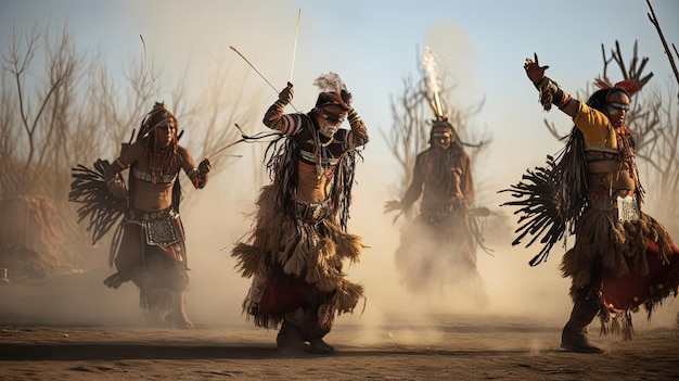 Durch komplizierte Bewegungen und rhythmische Choreografie beschwört der rituelle Tanz die Kraft der von der KI erzeugten Elemente