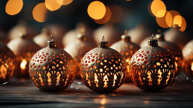 Durchbrochene funkelnde Neonkugeln am Weihnachtsbaum mit festlicher Beleuchtung