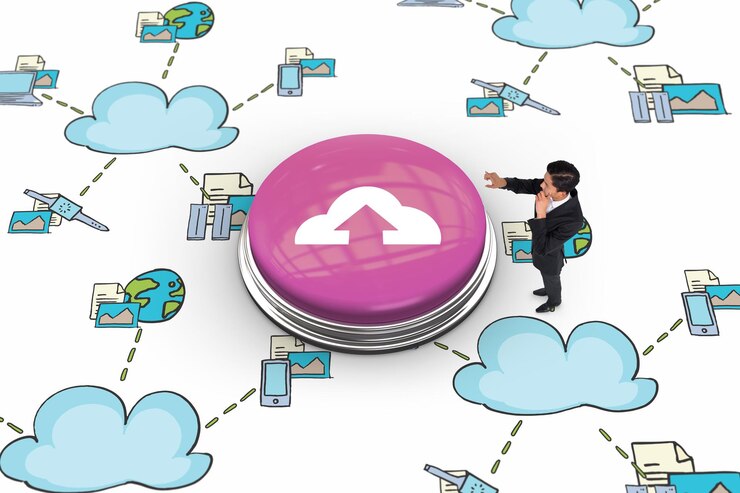 Foto durchdachter asiatischer geschäftsmann, der gegen cloud computing zeigt