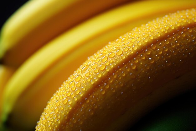 Durchnässte Köstlichkeiten, nasse Bananen auf schwarzem Hintergrund, generative KI