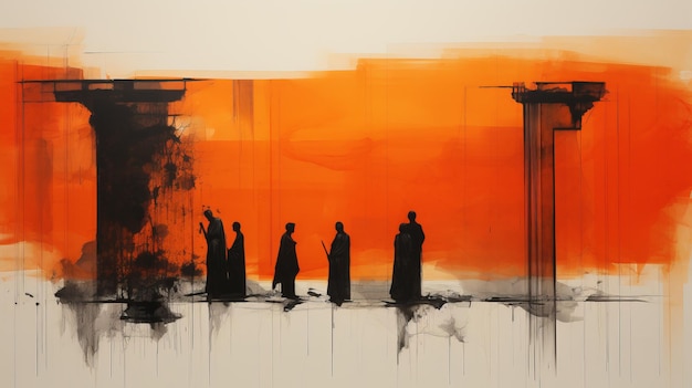 Durchscheinende Immersions-Zen-inspirierte Schwarz-Orange-Malerei isolierter Figuren