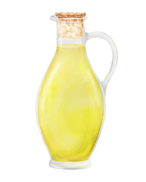Foto durchsichtige glasflasche mit gelber ölessig aquarell handgezeichneter illustration zutat in