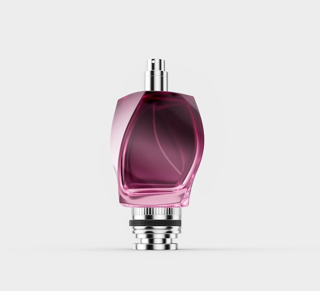 Durchsichtige rosa Glasparfümflasche auf einer silbernen Kappe mit leuchtendem Licht 3D-Illustration