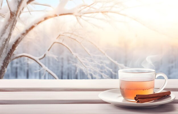 durchsichtige Tasse Tee und Zimtstäbchen auf einem Holztisch über