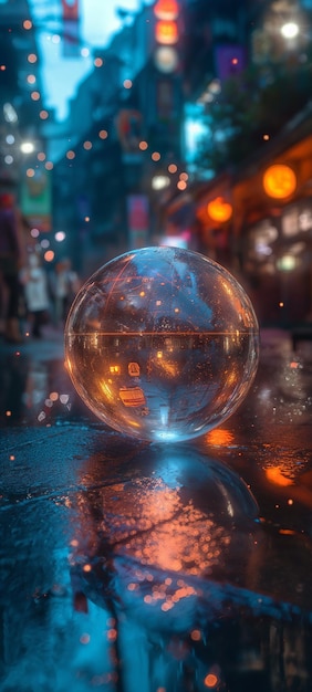 Durchsichtiger Glasball mit farbenfrohen Neonlichtern mitten in der Stadt