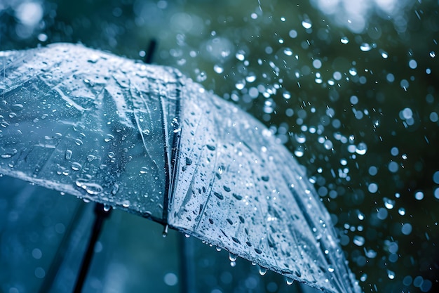 Durchsichtiger Regenschirm im Schluss unter Regen vor einem Hintergrund von spritzenden Wassertropfen Concep