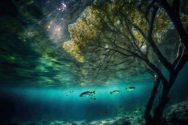 Durchsichtiger See oder Süßwasserökosystem eine ungewöhnliche Unterwasserlandschaft