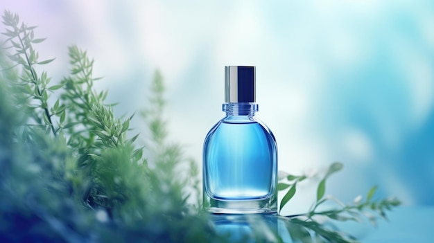 Durchsichtiges blaues Glas-Parfümflaschen-Mockup mit Pflanzen auf dem Hintergrund Eau de Toilette-Mackup-Frühling