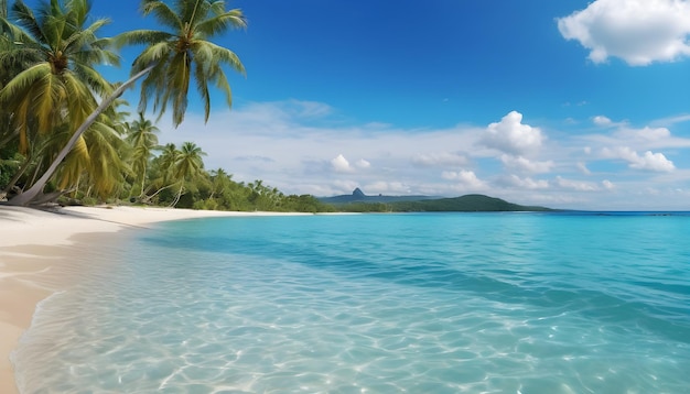 Durchsichtiges Wasser in einem tropischen Paradies mit palmenumzogenen Stränden und türkisfarbenen Wellen, die sanft brechen