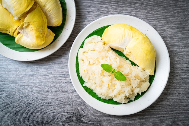 Durian con arroz pegajoso - cáscara de durian dulce con frijol amarillo, arroz de durian maduro cocinado con leche de coco - Postre tailandés asiático comida de frutas tropicales de verano