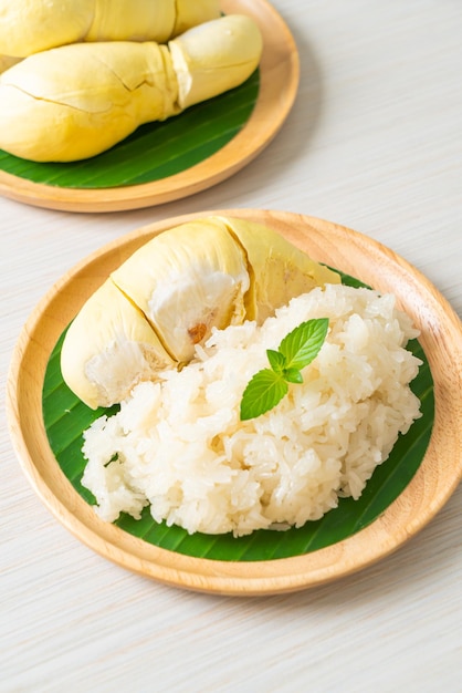 Durian com arroz pegajoso - casca doce de durian com feijão amarelo, arroz de durian maduro cozido com leite de coco - sobremesa tailandesa asiática comida de frutas tropicais de verão