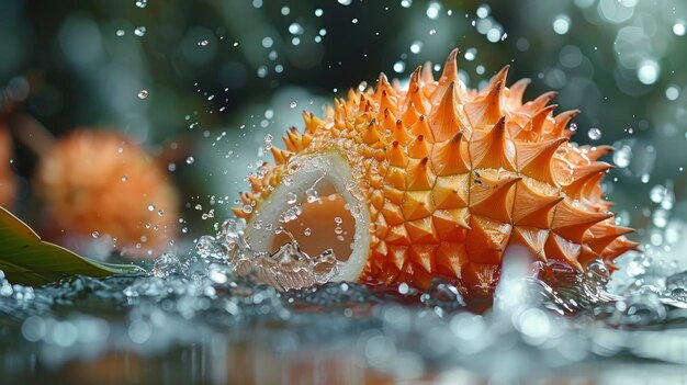 Durian flotando sobre el agua cristalina al lado de las hojas de palma ultra lente ancha